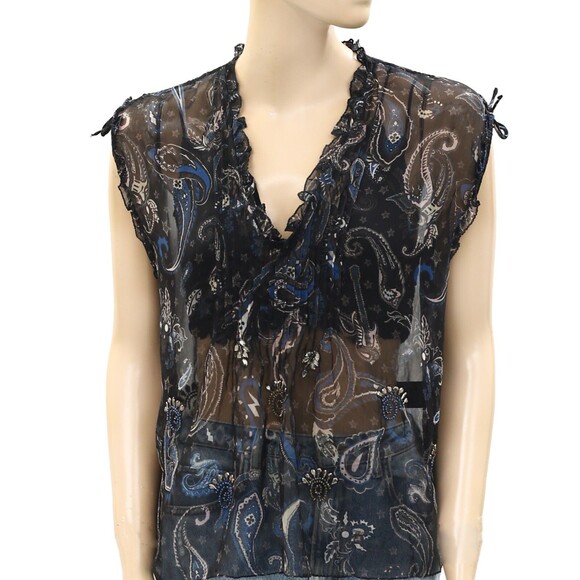 Zadig & Voltaire Thym Paisley Printed Blouse Top Ruffle Pintuck Sheer XS 267437 - Picture 4 of 8